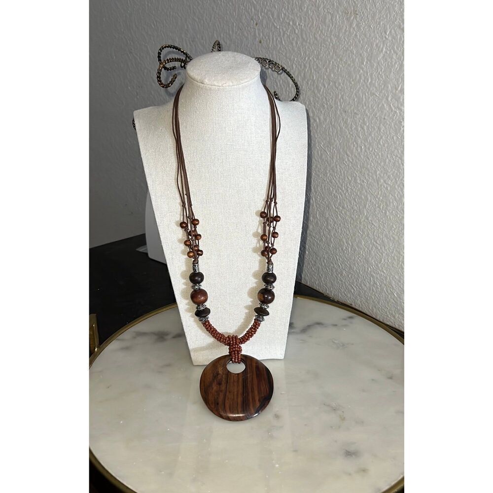 Necklace pendant wood beads browns seed beads silver tone EUC